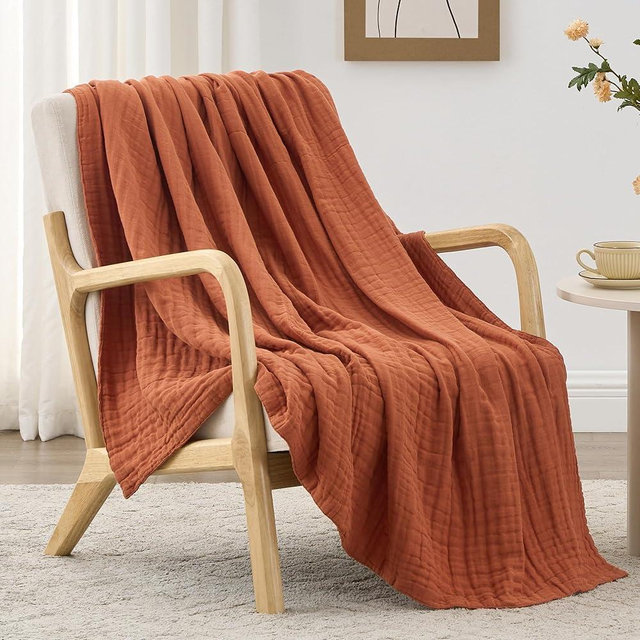 Love's cabin 100% Cotton Muslin Blanket, 6 Layer Lightweight Breathable Gauze Large Throw Blanket 50 x 70 Inches, Soft Cooling All Season Blanket for Couch or Sofa, Orange