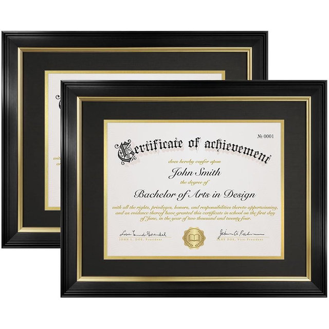FrameMind 8.5x11 Diploma Frame with Black over Gold Acid-free Mat or Display 11x14 Document without Mat, Certificate Frame with Tempered Glass, Tabletop or Wall Mount (2 Pack, Black/Black)