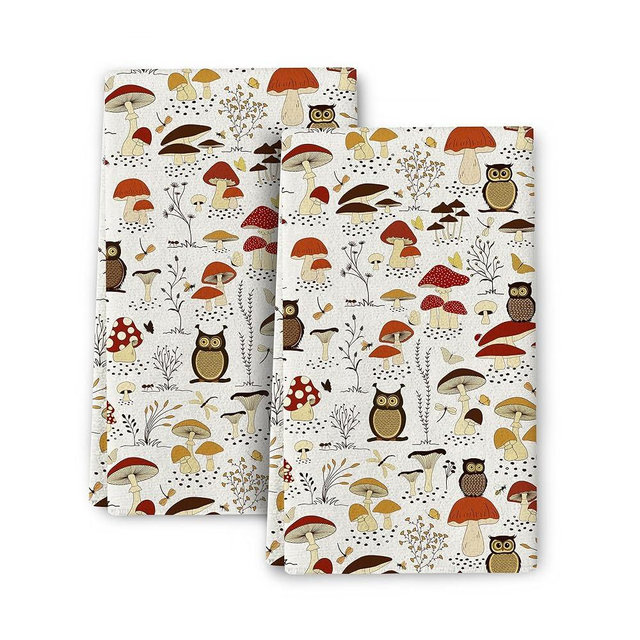 Wovoto Funny Owls and Mushrooms Kitchen Towels Decorative Set of 2, Soft Absorbent Dish Towels for Drying Dishes Cute Botanic Tea Towels Hand Towels for Kitchen Bathroom Farmhouse Bar Decor