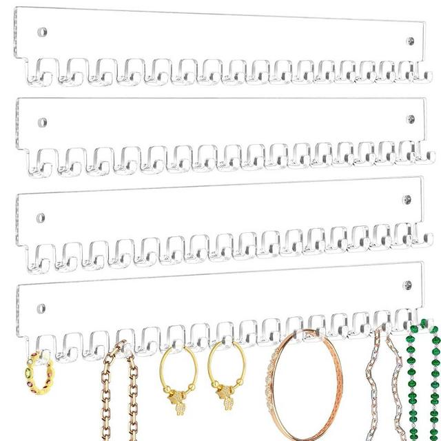 milylove Acrylic Necklace Holder 4 Pack Wall Mounted Necklace Organizer Hanging Jewelry Organizer with 17 Hooks for Necklaces, Bracelets, Rings and Bangles Display (14.17 inch)