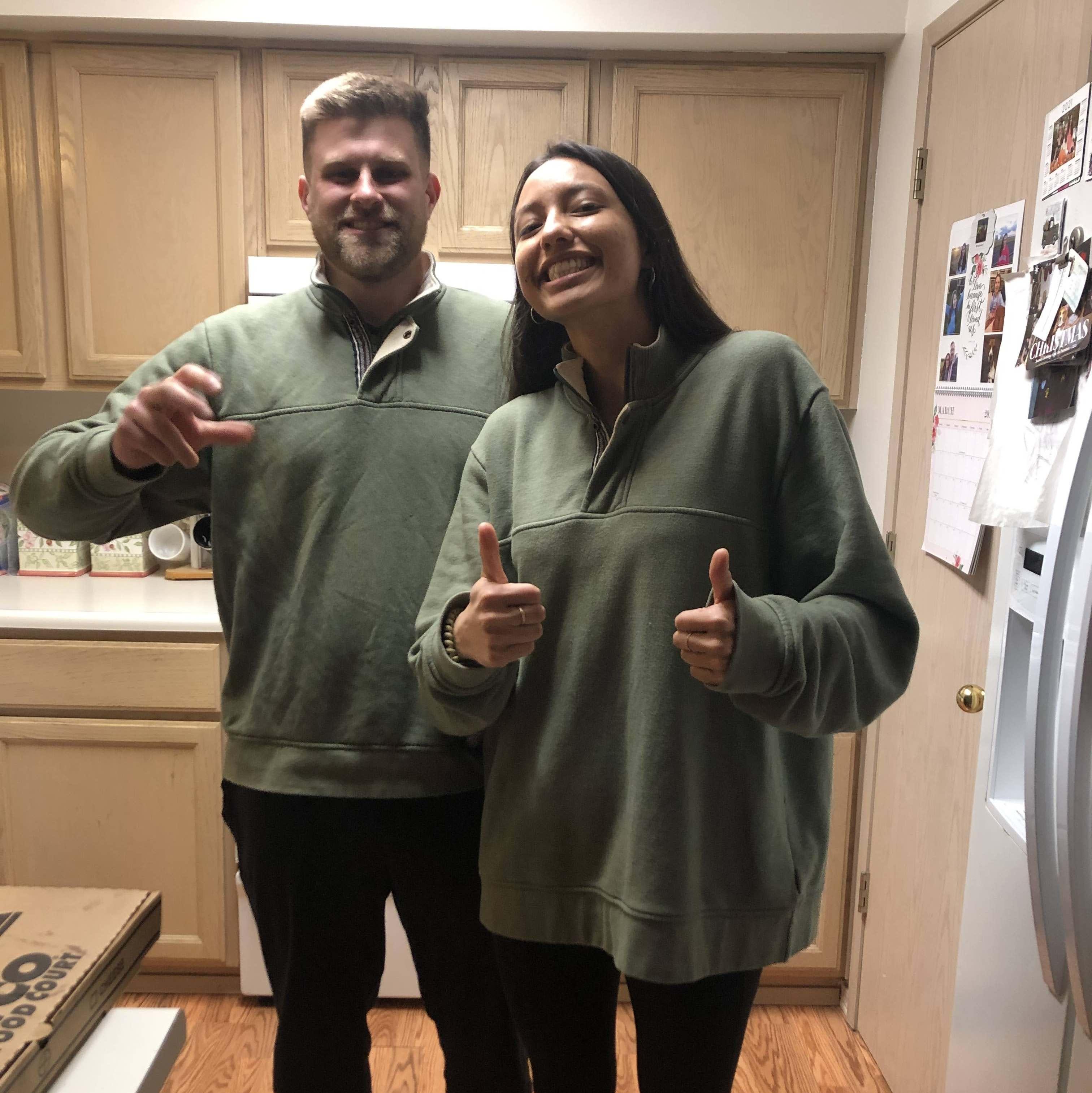We found matching sweatshirts. One from a garage sale, the other from a thrift store :)