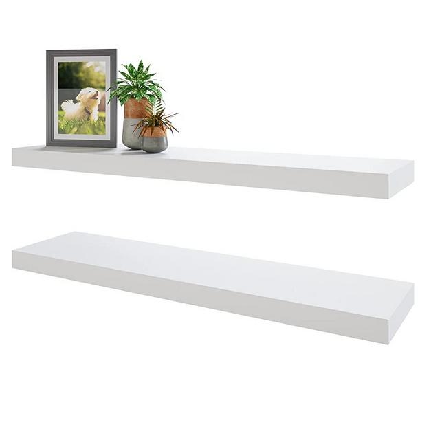 BAMEOS Floating Shelves, White Wall Mounted Wooden Shelves with Invisible Brackets Set of 2, Hanging Wall Shelves Decoration for Bedroom, Bathroom, Living Room and Kitchen