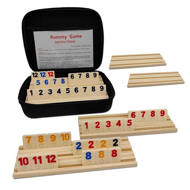 uvcany Rummy Cube 6 Player Edition with 6 Wooden Racks/Trays, 160 Rummy Cube Game with Portable Case, Rummy Tiles Travel Board Game Sets with 6 Tiles Holders for Family Classic Board Games