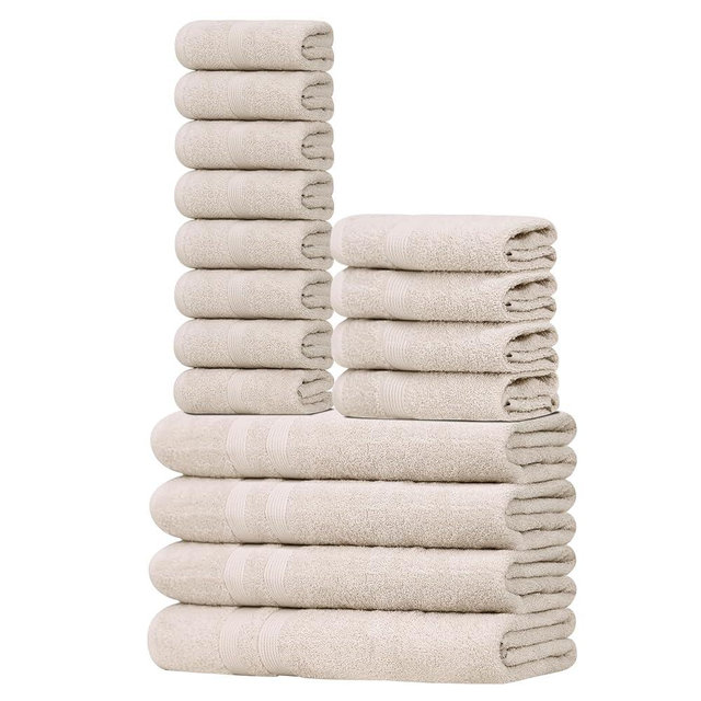 Organix 16 Piece Towel Set, 4 Bath Towels, 4 Hand Towels, 8 WashCloths, Lightweight Cotton Towels for Bathroom, Soft Absorbent and Quick Dry (Beige)