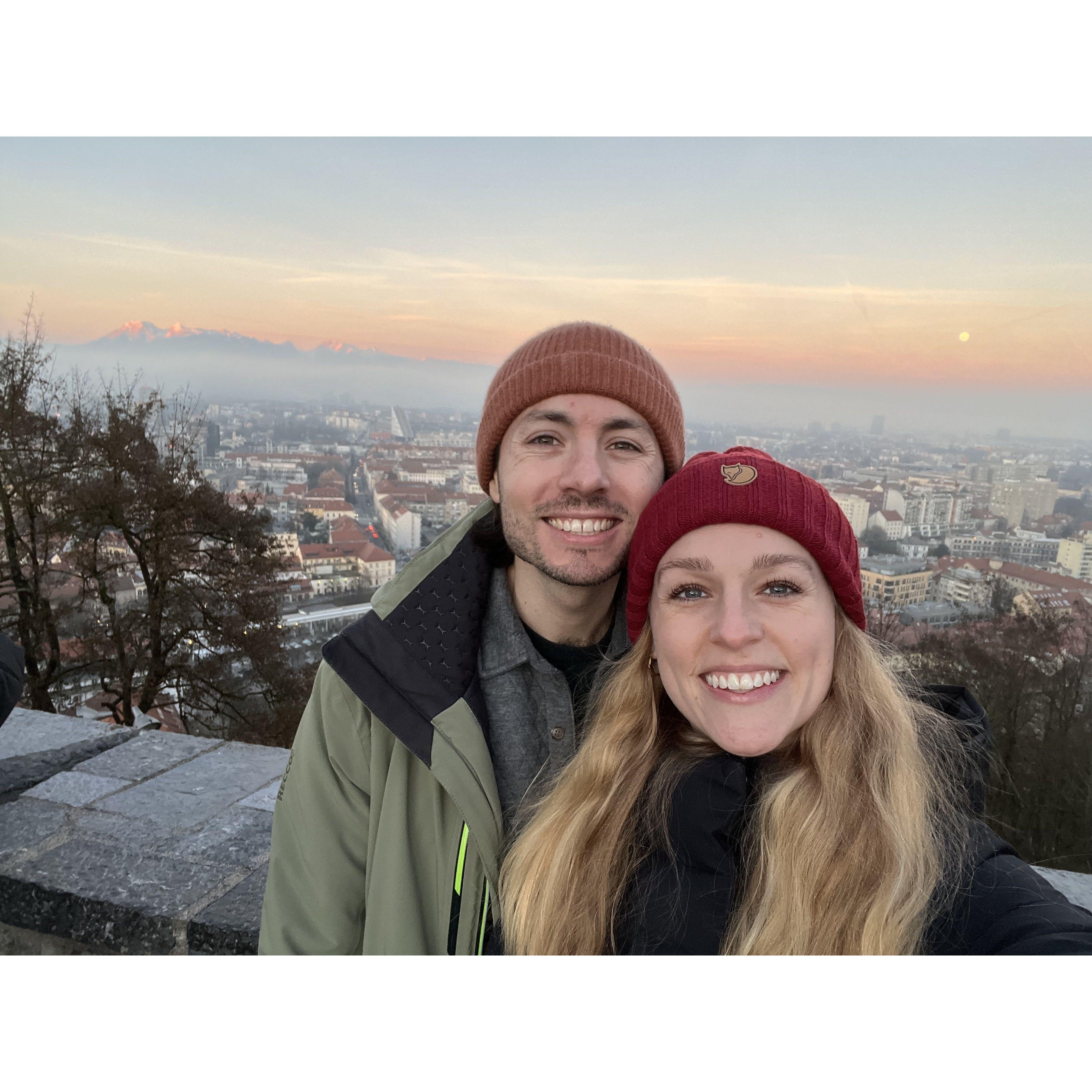 Enjoying sunset at the top of a castle in Slovenia's capital of Ljubljana
