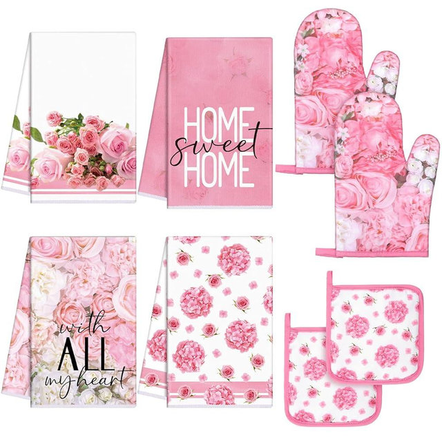 Leinuosen 8 Pcs Kitchen Set Includes Decorative Kitchen Towels Functional Pot Holders Rustic Heat Resistant Oven Mitt Kitchen Sets for Cooking Baking Grilling Daily Use(Pink,Rose)