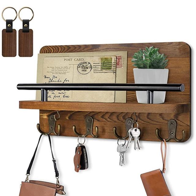 AilyHooms Key Holder Wall Mounted Mail Holder with 10 Hooks and 2 Wooden DIY Keychains - Wooden Decorative Key Hanging Rack Mail and Key Organizer Rustic Wall Shelf Decor, 11.8'' x 7'' x 3''