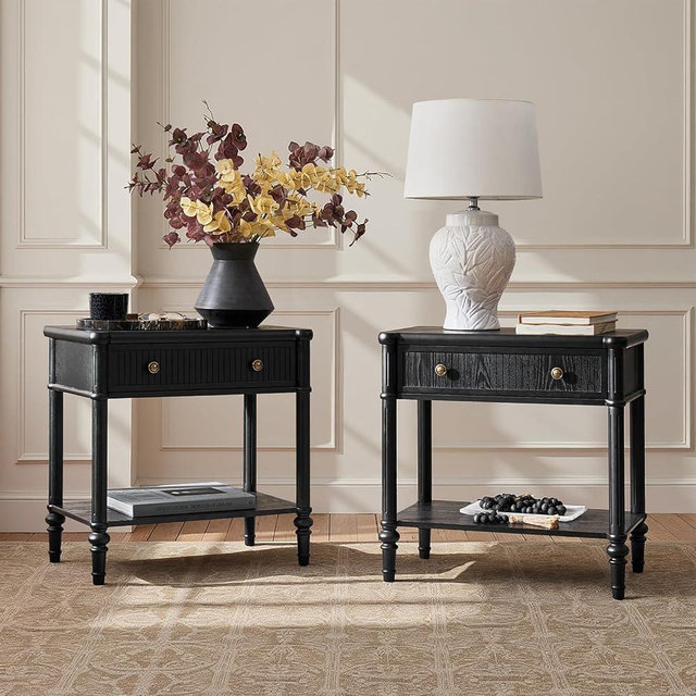 HULALA HOME Traditional End Table Set of 2 with Open Shelf, Fluted Nightstand with Charging Station, Paulownia Wood Drawer Side Table, Black