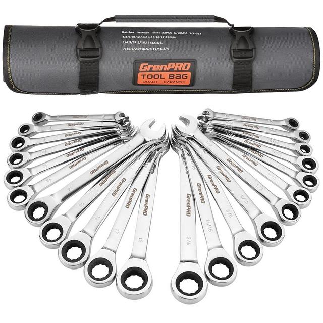 GRENPRO Ratcheting Wrench Set, Combination Wrench Set, 22-Piece SAE & Metric and Standard, 72-Tooth Long Open End, 1/4" to 3/4" & 6-18mm, Organizer With Roll Up Pouch, CR-V Steel, Mechanic Tools Sets