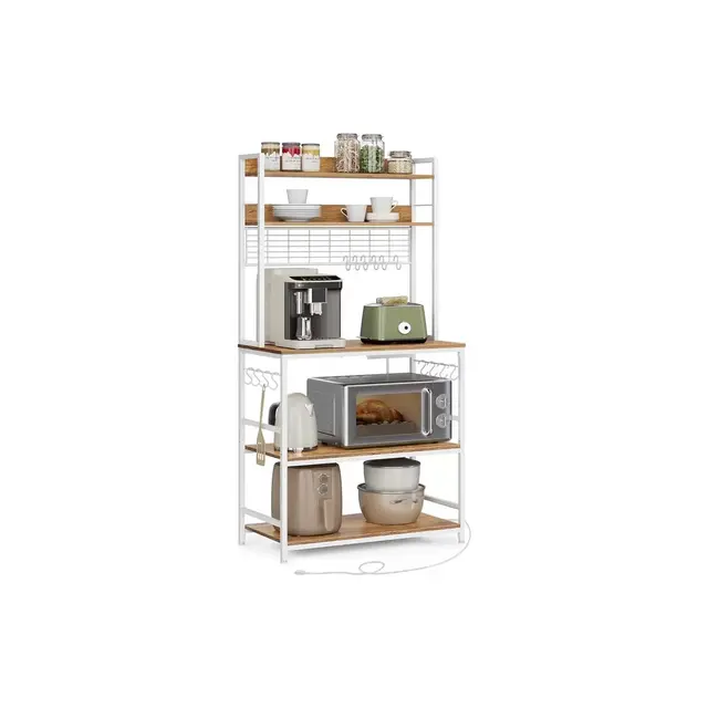 VASAGLE Hutch Bakers Rack with Power Outlet, 14 Hooks Microwave Stand, Adjustable Coffee Bar with Metal Wire Panel, Walnut and White