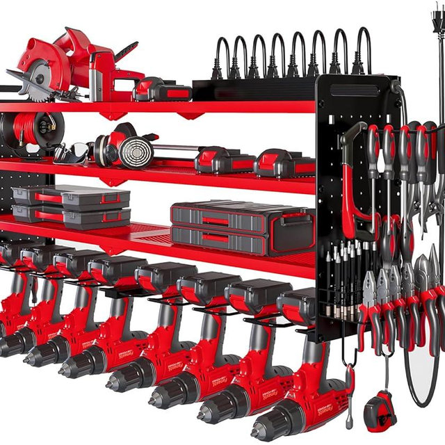 NattyDot Power Tool Organizer Wall Mount with Charging Station,Cordless Tool Organizer 8 Drill Holder, 4 Layer Storage Rack for Garage Organization,Tool Holder with 8 Outlet Power Strip (Red)