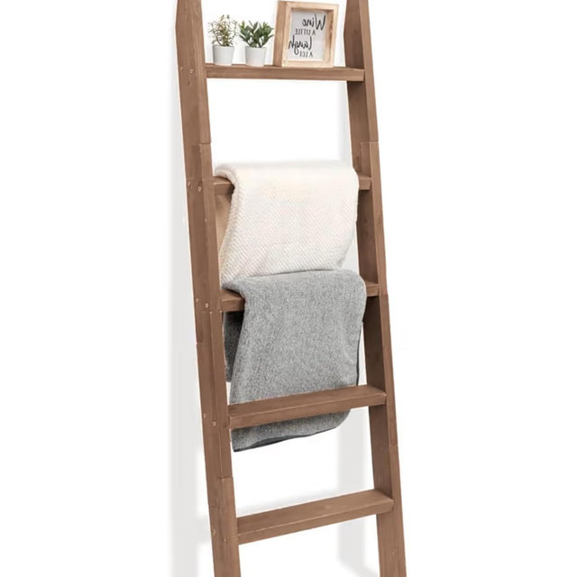 FUIN 5ft (58") Wood Blanket Ladder Living Room Decorative Wall Leaning Farmhouse Quilt Display Holder Shelf Rustic Wooden Towel Rack for Bathroom, Brown