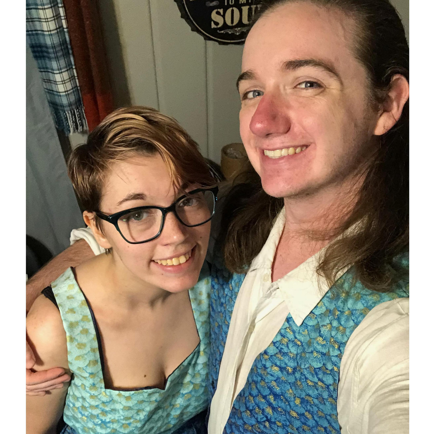 Our First Anniversary! Skye made matching outfits out of a fabric Paul liked.