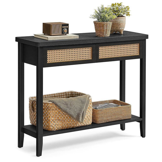 VASAGLE Console Sofa Table, Narrow Entryway Table, 2 Drawers, Open Storage Shelf, Rounded Corners, for Living Room, Boho Style, Ash Black ULNT016BF01S