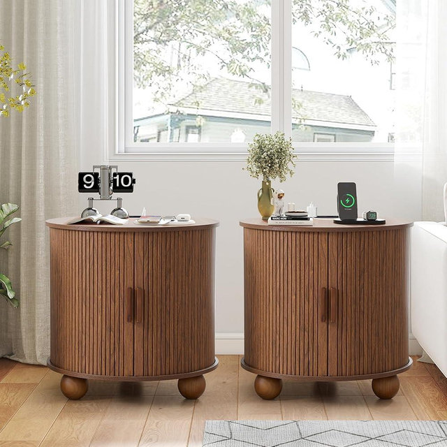 SUJOUCRAFT 24" Fluted Round Nightstand Set of 2, Mid-Century Large Wooden End Table with Charging Station, Farmhouse Storage Side Table with Sliding Door for Bedroom Living Room (2XRound, Walnut)