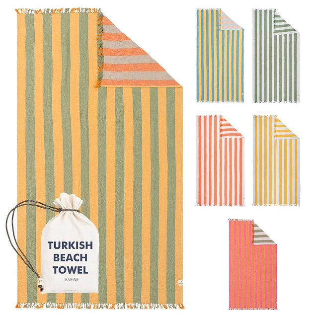 Barine Cabana Striped Gauze Turkish Beach Towel - Large 36 x 69 | Quick Dry Beach Towel Blends Retro Style with Everyday Beach Comfort | Sand Free Design for a Clean, Carefree Day in The Sun (Yellow)