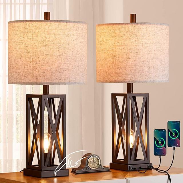 WEITERS Set of 2 Modern Bedside Lamps, 3 Way Dimmable Rustic Touch Table Lamp with Dual USB Ports, Vintage Farmhouse Table Lamps for Living Room Bedroom with 4 Bulbs(Oil Rubbed Bronze)