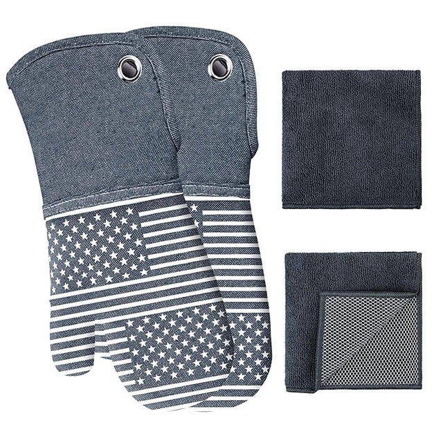 Yarn-Dyed Oven Mitts Silicone Printing and Kitchen Towels 4 pcs Set, Heat Resistant to 470 Degree, Non-Slip Kitchen Gloves/Pot Holders for Cooking Barbecue and Machine Washable (Gray Oven Mitts)