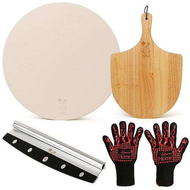 Haus and Home' s Pizza TYME Pizza Stone Set ; Pizza Stone for Oven, Wooden Pizza Peel 12 inch, BBQ Gloves Heat Resistant Cooking, Pizza Cutter Rocker, Pizza Cutter Stainless Steel.All Included.