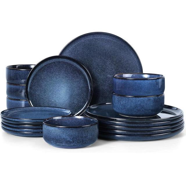 E-far 18-Piece Plates and Bowls Set, Dinnerware Sets for 6, Reactive Glaze Stoneware Dishes Dinning Ware, Microwave & Dishwasher Safe - Deep Sea Blue