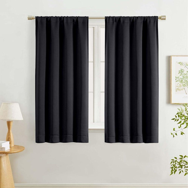 Lecloud Halloween Black Blackout Curtains 54 Inch Length 2 Panels, Solid Black Out Window Curtains for Bedroom, Energy Thermal Insulating Rod Pocket Curtain Drapes for Small Window, 40" W x 54" L