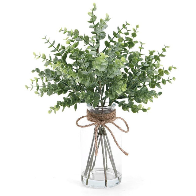 Coferset Eucalyptus Stems in Glass Vase with Faux Water, 13.7" Eucalyptus Fake Plants for Home Bathroom Office Kitchen Farmhouse Shelf Centerpiece Coffee Table Decor(Sage Green)