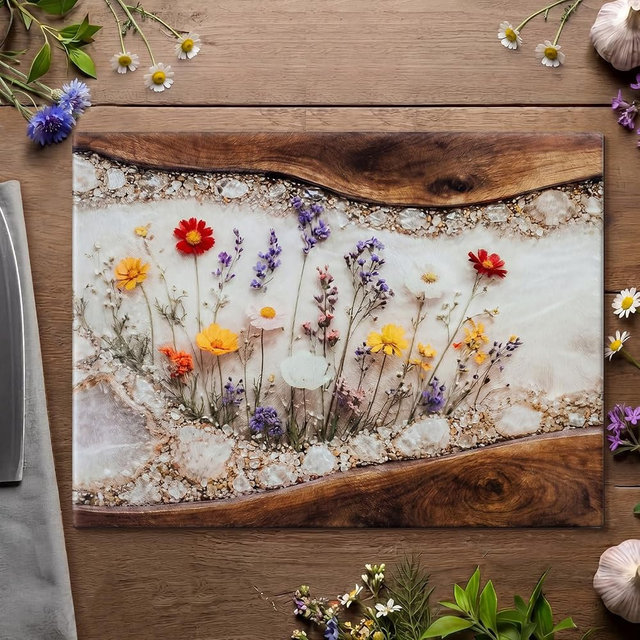 Acellegic Mineral Wildflower Glass Cutting Board 11 x 15 Inch Large Tempered Glass Cutting Chopping Board with Non-slip Feet Stylish Charcuterie Gift for Kitchen Countertop Wedding Housewarming Gift
