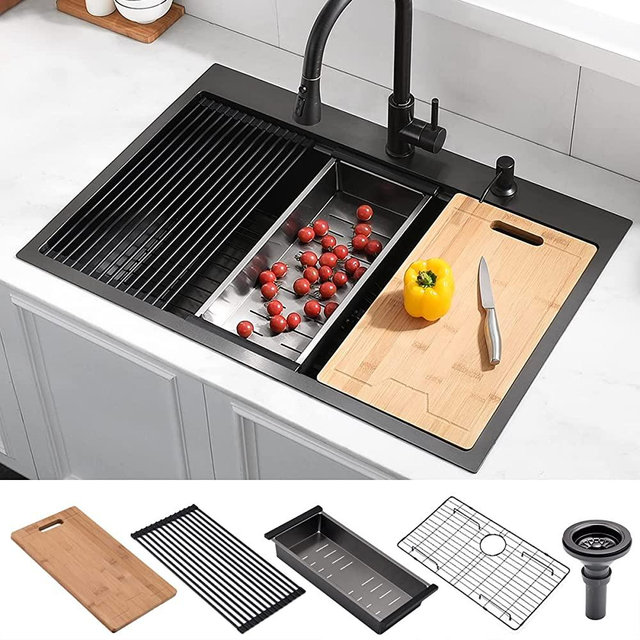 33 Drop In Black Kitchen Sink, Luckyhorse 16 Gauge Deep Black Stainless Steel Topmount Workstation Kitchen Sink with Black NANO Accessories LH007SB