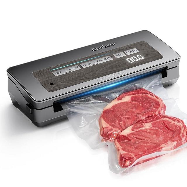 Anybear Vacuum Sealer Machine, 90kPa 120W Wide Seal All-IN-1 Powerful Food Storage, Build-in Cutter | Bags Storage | Digital Countdown Display | 2 Bag Rolls and 5pcs Pre-cut Bags (Gray)