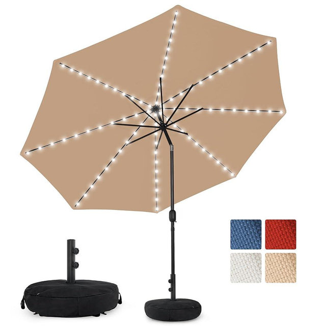 Sundale Outdoor Olefin 5-Year-Non-Fading Solar 88 LED 10FT Solar Patio Umbrella with Sand Bag Base, Outdoor Umbrella with Tilt and Crank, Tan