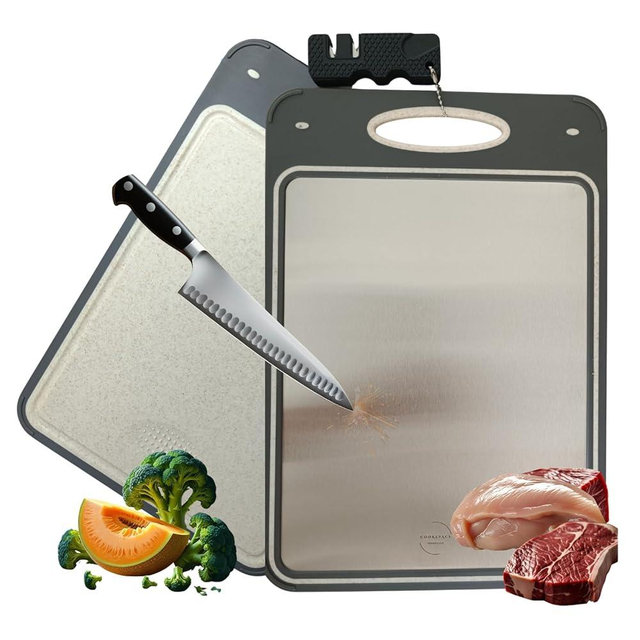COOKSPACE ESSENTIALS- Stainless Steel Cutting Board (& Knife Sharpener) for Kitchen, double sided, Wheat Straw Pp side,14’’×9.6’’ Anti-Slip, BPA-Free, Non toxic