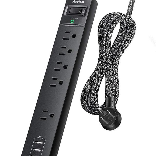 10 Ft Power Strip Surge Protector- 5 Outlets 3 USB Ports, Flat Plug Braided Extension Cord, Overload Surge Protection, Wall Mount for Hotel, Home and Office.