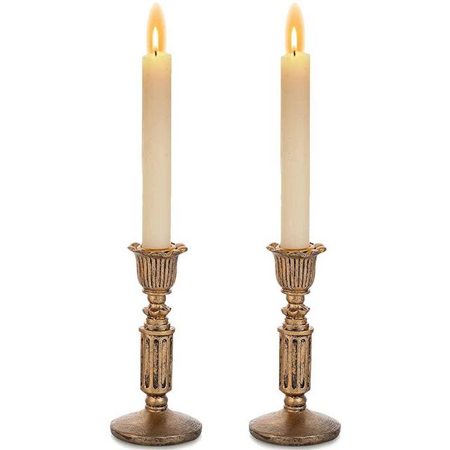 Vintage Candlestick Candle Holder for Taper - Distressed Bronze PolyResin Antique Candleholder Set of 2 for Tapered Candle, for Home Room Mantel Table Decor, Wedding Anniversary Decoration, 5.5in