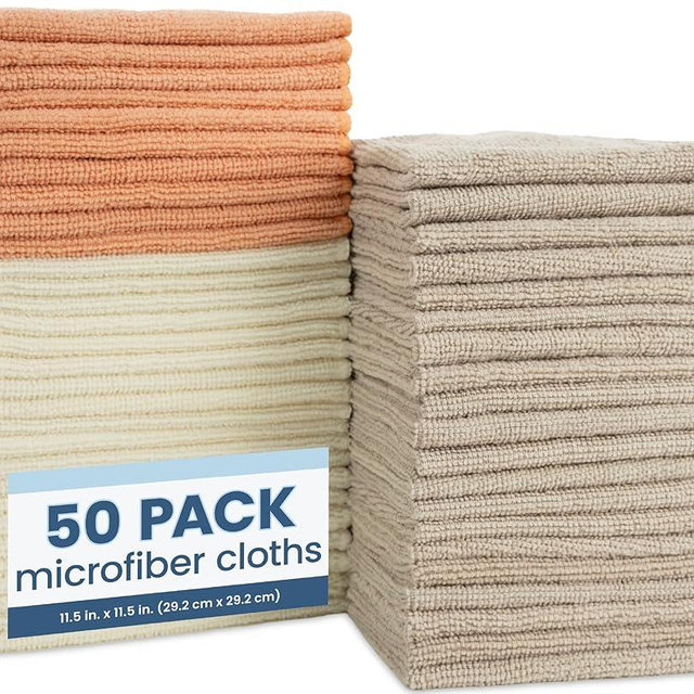 S&T INC. 50 Pack Microfiber Cleaning Cloth, Bulk Towels for Home, Reusable Microfiber Towels for Cars, Neutral Coral, 11.5 Inches x 11.5 Inches, 50 Count