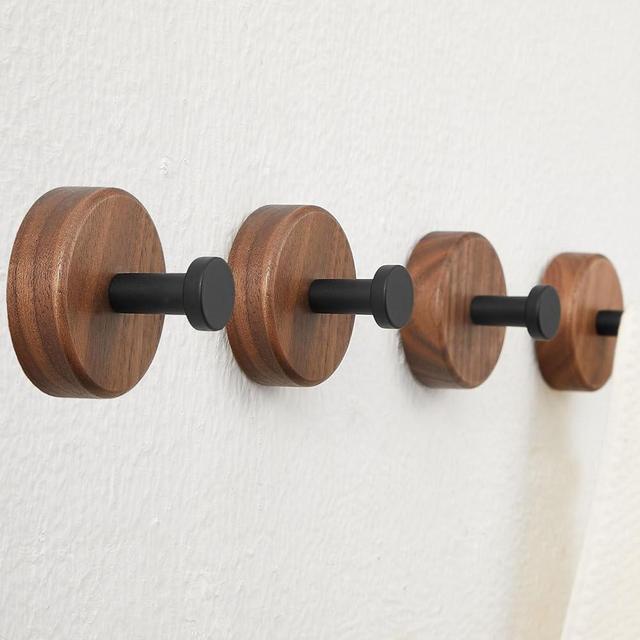 FunViet Bathroom Adhesive Towel Hooks Heavy Duty,4 Packs Premium Wood Wall Coat Hooks Wall Mounted (Stick on & Screw in) for Hanging Purse,Hats,Backpacks,Jackets,Bags and Robe(Up to 30lbs)
