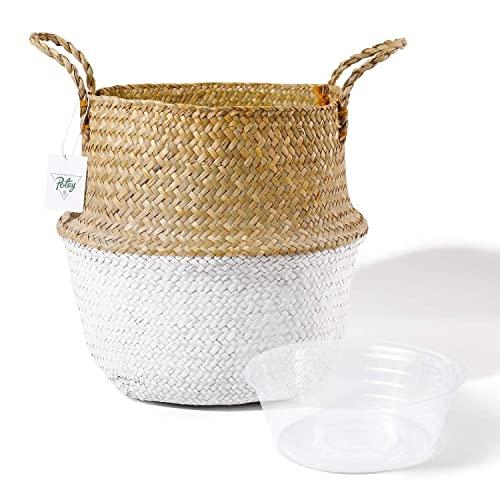 POTEY 710202 Seagrass Plant Basket - Hand Woven Belly Basket with Handles, Large Storage Laundry, Picnic, Plant Pot Cover, Home Decor and Woven Straw Beach Bag (Large, Original+White)