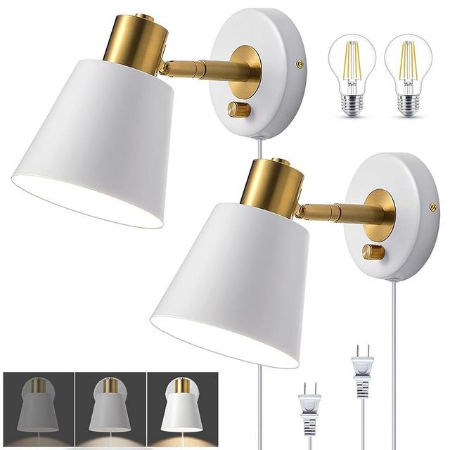 Ziqili White Plug in Wall Sconce Set of 2, Dimmable Wall Sconces Adjustable Angle Wall Lights with Plug in Cord and Dimmer On/Off Rotary Switch, Wall Mounted Light for Bedroom Bedside Stairway.