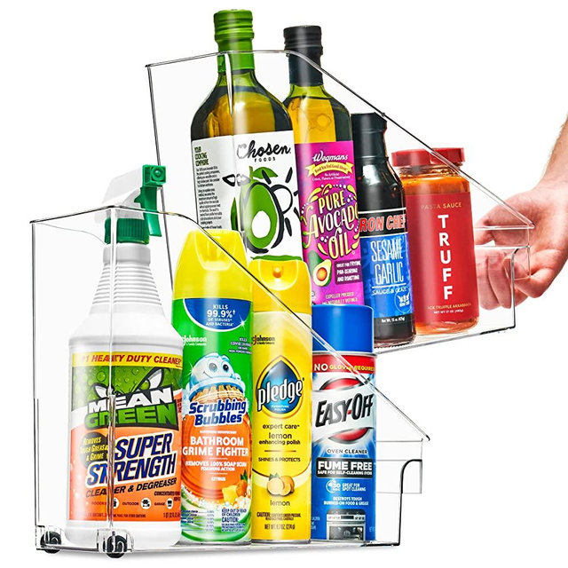 2 Roll Out Bottle Organization Bins - Pantry Under Sink Organizer With Wheels & Handles - Clear Plastic Organizing Containers For Bottles, & Cleaning Supplies - Kitchen Cabinet Laundry Room Storage