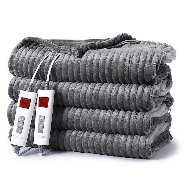CAROMIO Electric Blanket King Size Dual Control - Soft Ribbed Flannel Heated Blanket with 6 Heating Levels & 20 Time Settings, Machine Washable Fast Heating Blanket 90×100 inches, Grey