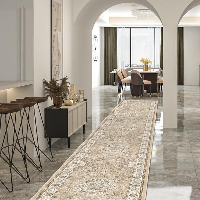 Hallway Washable Runner Rug - 2'6x14 Kitchen Rugs Entryway Rug Runner Vintage Soft Floor Mat Non Slip Indoor Farmhouse Carpet for Bathroom Living Room Bedroom (2'6''x14', Beige)