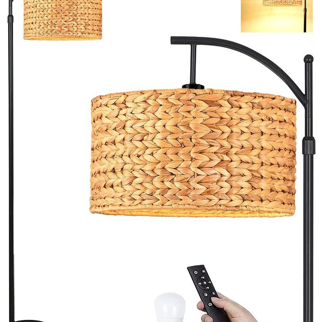 QIYIZM Floor Lamp for Living Room Bedroom Farmhouse Arc Rattan Boho Standing Lamp with Remote Dimmable Black Wicker Bamboo Lamp Shade Floor Light Adjustable Tall Lamp Industrial Floor Lamps Bohemian