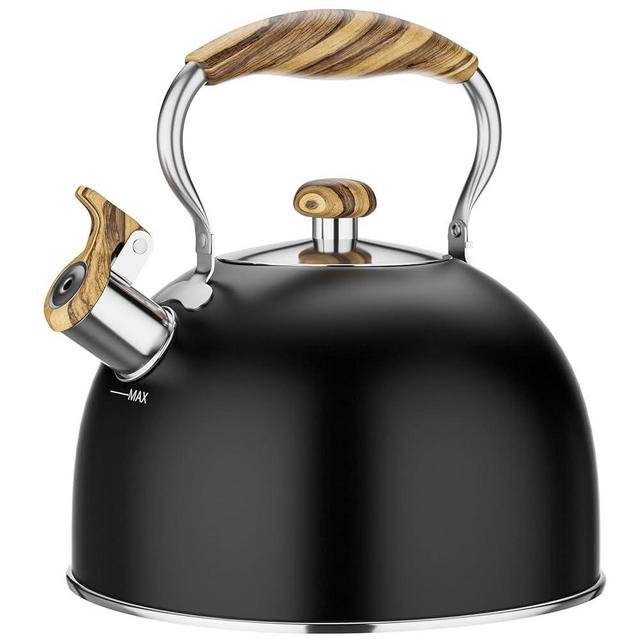 Chefbar 2.5 Liter Tea Kettle Stovetop Whistling Stovetop Tea Kettle for Stove Top, Tea Pots kettle for Stove Top Food Grade Stainless Steel Tea Kettles with Cool Wood Pattern Handle, Black