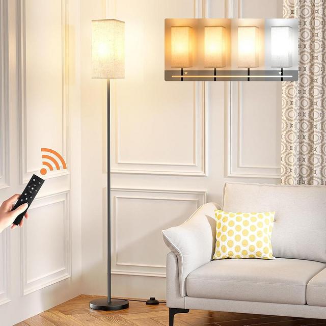 Ambimall Floor Lamps for Living Room - Remote Control, 9W Stepless Dimmable Bulb, Foot Switch, Color Temperatures, 64'' Tall Standing Lamp, Beige Lampshade, Reading Bedroom,Office (Black)