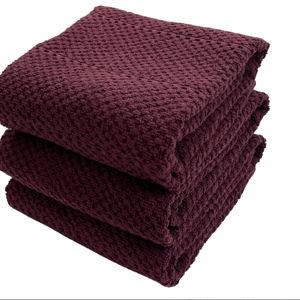 Purple Burgundy Wine Kitchen Hand Dish Towels: Oversized 28" x 18",100% Cotton Cloth Soft Cleaning Drying Absorbent Textured Design, Set of 3 Multipurpose for Everyday Use (Wine)