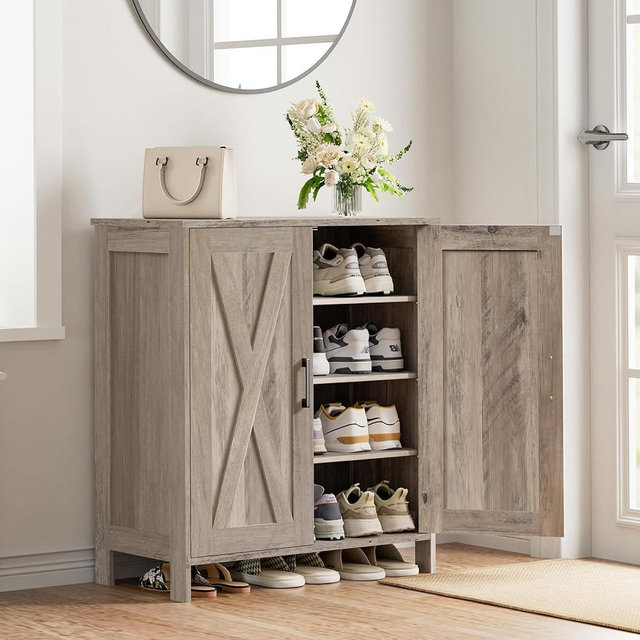 Homleke Farmhouse Shoe Cabinet with 2 Barn Doors & Wood Legs, 5-Tier Shoe Storage Cabinet with 3 Adjustable Shelves, Tall Shoe Rack Organizer for Closet, Shoe Organizer for Entryway, Hallway, Greige
