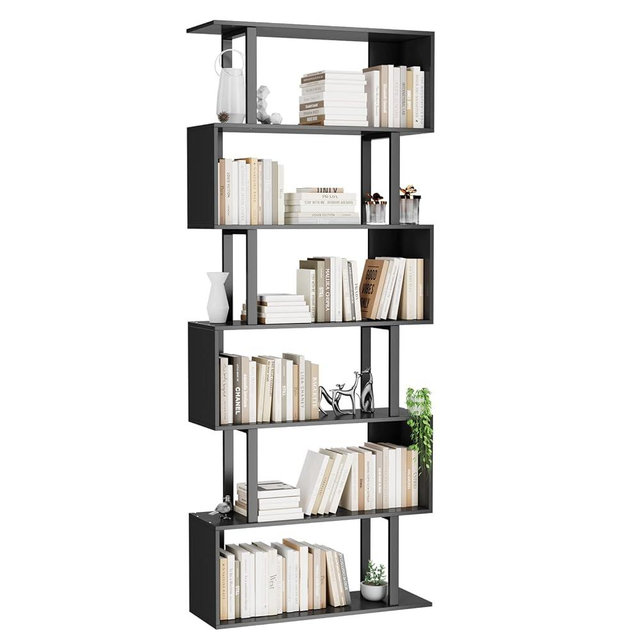 Gadroad 6 Tier Geometric Bookcase, Black Book Shelves, Modern Corner Bookcase Storage Shelf Wood for Bedroom, Living Room, Home Office (Black, 6 Tier)