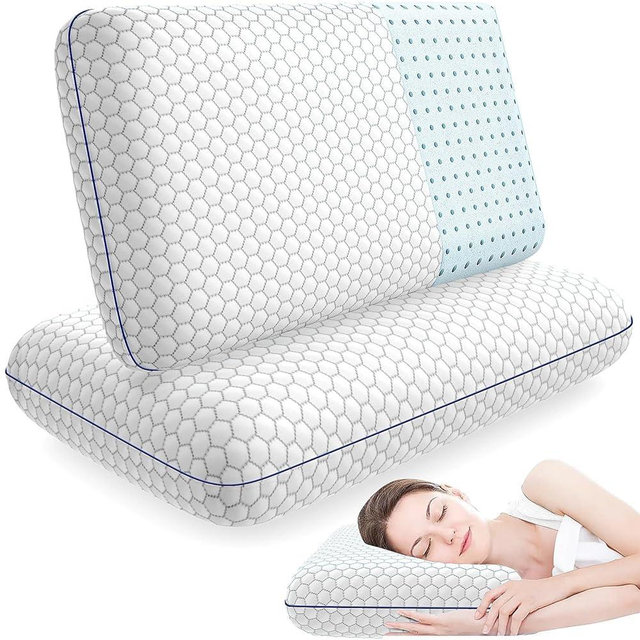 CushyOasis 2 Pack Memory Foam Pillows for Side, Back and Stomach Sleepers, Bed Pillow with Washable Cover and Breathable Mesh, Bed Pillow for Sleeping, Grey，Standard Size