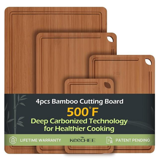 Bamboo Cutting Board, Durable Wood Cutting Boards for Kitchen with Deep Juice Grooves & Built-in Handles, Ideal Charcuterie & Chopping (Carbonized Bamboo(Brown), Set of 4 (S+M+L+XL))