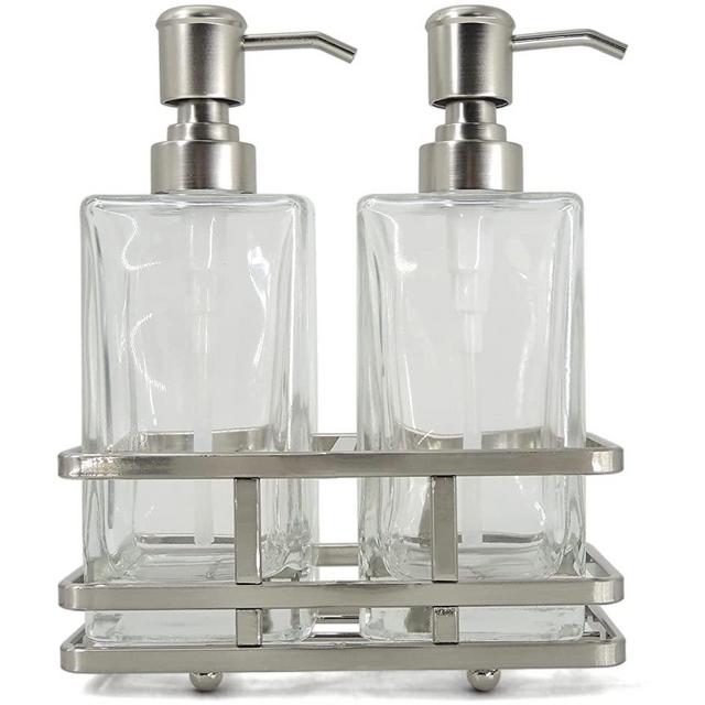 Square Glass Clear Lotion and Soap Pump Dispenser Set with Metal Stand Caddy for Bathroom Bath Kitchen Home Office Travel Hotel Hand Crafted Heavy Weight