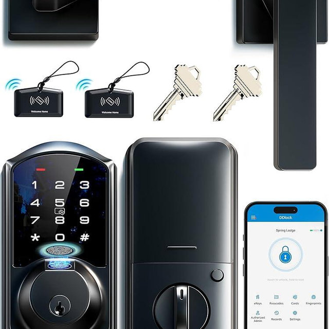 Veise VE07-L Fingerprint Smart Locks for Front Door with Zinc Alloy Handle Set, App Control, Keyless Entry, Electronic Digital Keypad Deadbolt, Auto Lock, Waterproof, Easy to Install, Matte Black